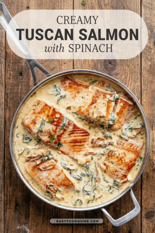 A cast iron skillet with pan-seared salmon fillets and creamy Tuscan sauce with spinach, garnished with parsley.