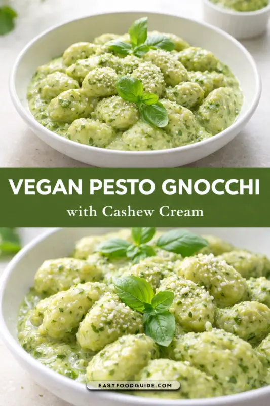 A bowl of creamy vegan pesto gnocchi garnished with basil and vegan parmesan on a rustic table.
