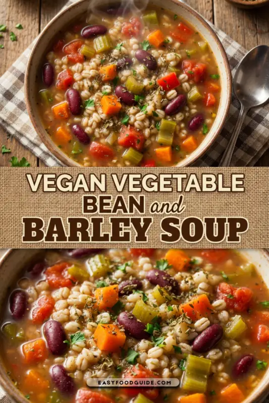 A hearty bowl of vegan vegetable bean and barley soup with parsley garnish on a rustic table.