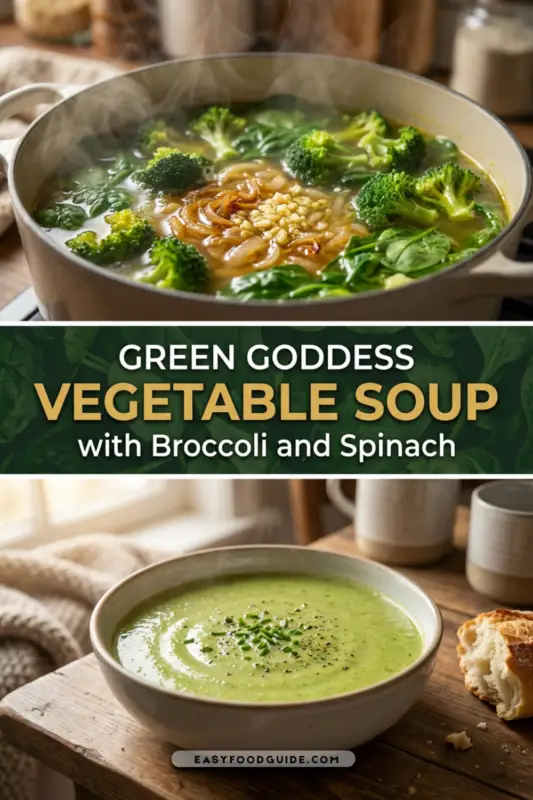 A bowl of vibrant green vegetable soup with broccoli and spinach, surrounded by fresh broccoli florets and spinach leaves.