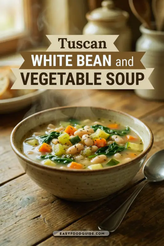 A spoonful of creamy white bean soup with vegetables and spinach, set against a cozy kitchen background.
