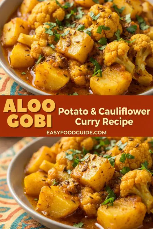 Aloo Gobi curry with potatoes and cauliflower in a spiced tomato sauce, garnished with cilantro, served with roti and rice.