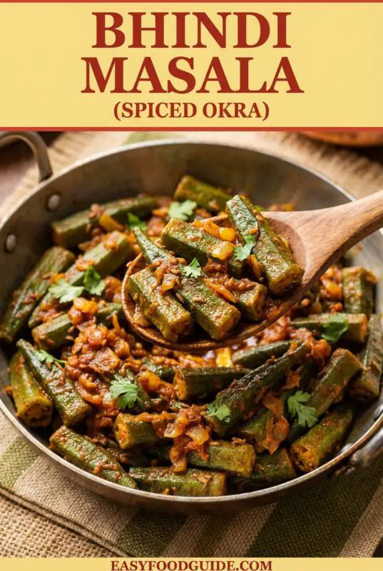 A colorful serving of Bhindi Masala with okra, onions, and tomatoes, garnished with coriander, served with roti and rice.