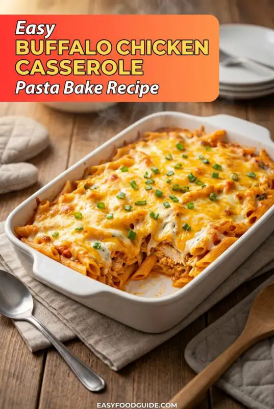 Cheesy Buffalo Chicken Casserole Pasta Bake in a baking dish, topped with melted cheese and garnished with green onions.