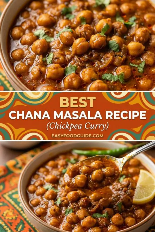 A bowl of Chana Masala with chickpeas in spiced tomato sauce, garnished with cilantro, served with naan and lemon.