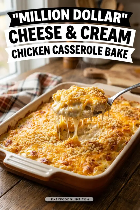 A cheesy chicken casserole topped with crackers, served in a baking dish, with a scoop taken out, on a rustic kitchen table.