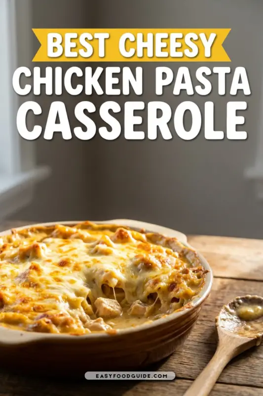 Cheesy chicken pasta casserole with melted cheese and pasta in a baking dish, served in a cozy kitchen.
