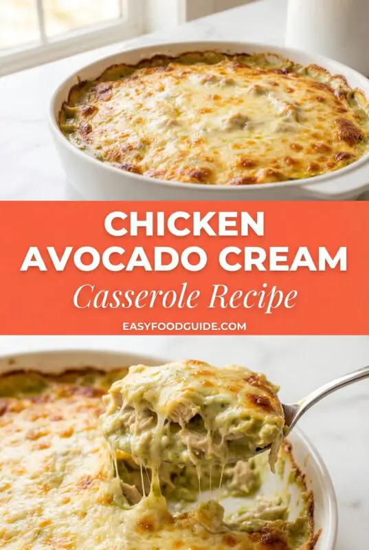 A golden chicken avocado cream casserole with layers of chicken, avocado, and cheese, garnished with cilantro.