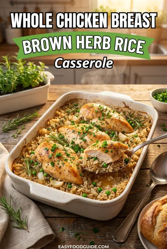 A delicious chicken and brown rice casserole with herbs, served in a rustic dish on a wooden table.