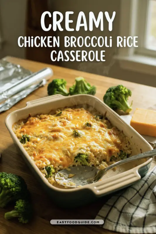 Creamy chicken broccoli rice casserole with cheese and breadcrumbs, served in a rustic dish.