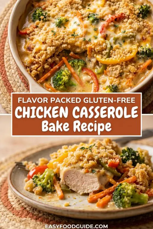 Gluten-free chicken casserole bake with chicken breasts, mixed vegetables, and a golden topping in a rustic dish.