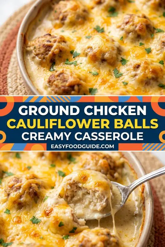 Creamy casserole with ground chicken cauliflower balls topped with melted cheese, garnished with parsley.