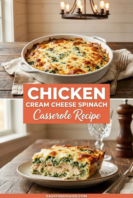 A bubbling chicken cream cheese spinach casserole with melted mozzarella cheese, served in a rustic dish.