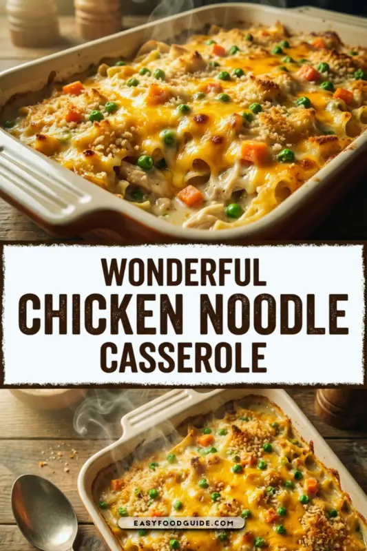 A golden brown chicken noodle casserole topped with cheese and breadcrumbs, served in a rustic dish.