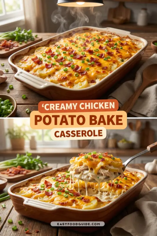 Creamy chicken potato bake casserole with chicken, potatoes, cheese, and bacon, garnished with green onions.