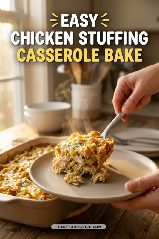A hearty chicken stuffing casserole with melted cheese, served in a rustic dish, garnished with parsley.