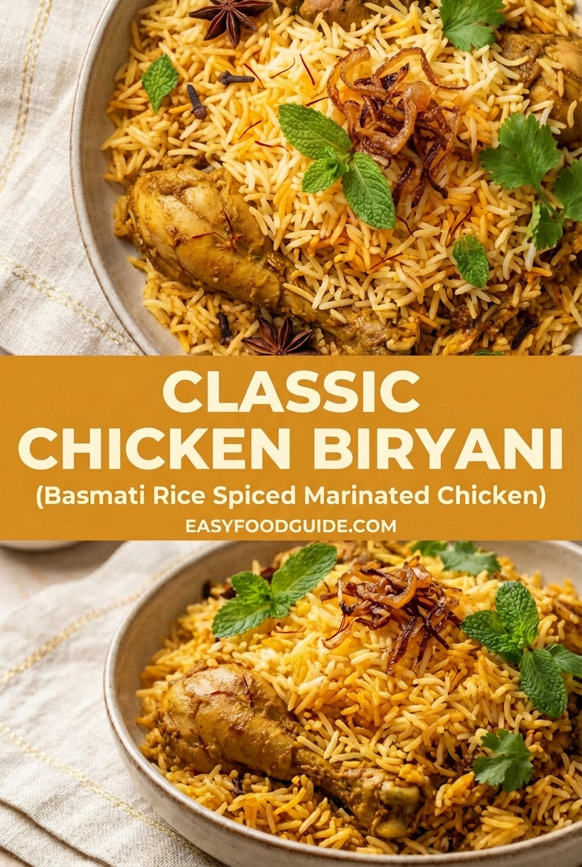 A delicious serving of Chicken Biryani with marinated chicken and basmati rice, garnished with herbs and fried onions.