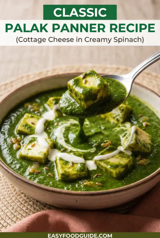 A bowl of palak paneer with spinach gravy and paneer cubes, garnished with cream, served with naan.