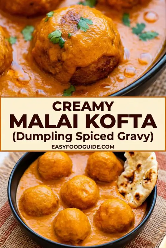 A bowl of creamy Malai Kofta with dumplings in tomato gravy, garnished with coriander, alongside naan on a rustic table.