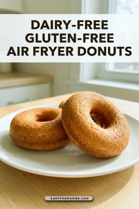 A plate of fluffy air-fryer donuts topped with powdered sugar and sprinkles on a wooden table.