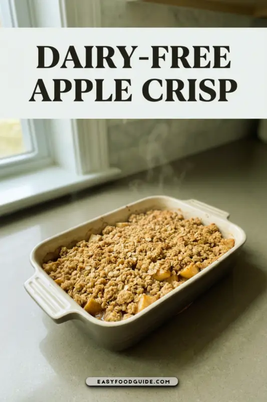 A delicious Dairy-Free Apple Crisp with a golden topping and baked apples, served with dairy-free ice cream.