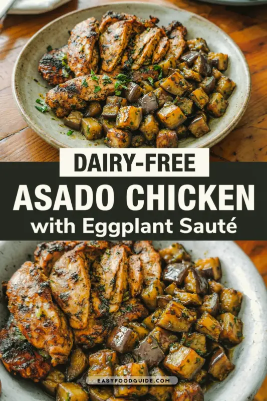 Grilled Dairy-Free Pollo Asado Chicken with sautéed eggplant on a rustic table, garnished with cilantro.