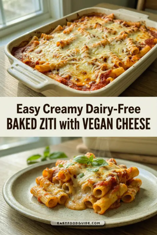 A hearty serving of baked ziti with layers of pasta, marinara sauce, and vegan cheese, garnished with basil.
