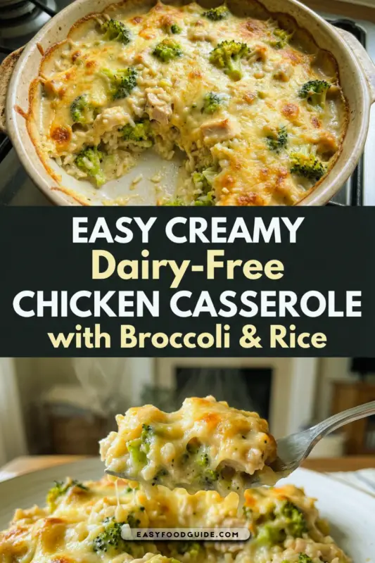 A golden-brown dairy-free chicken broccoli rice casserole with broccoli florets and rice, served in a rustic dish.
