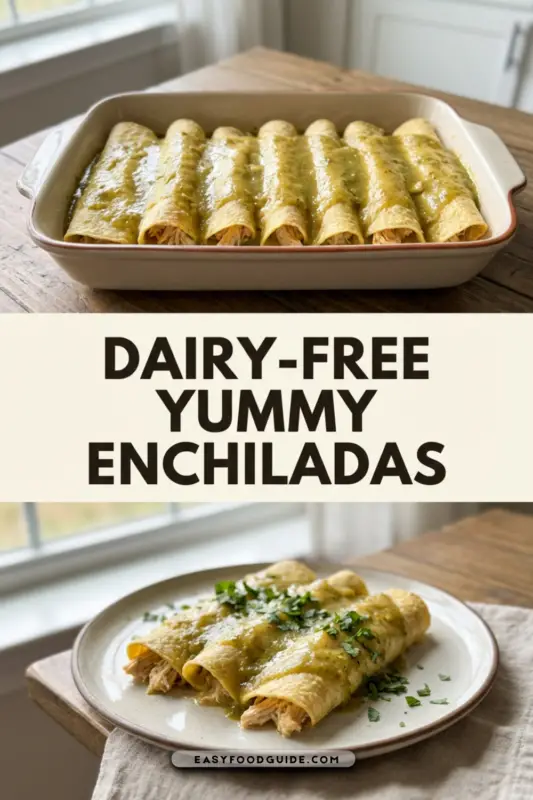 Dairy-Free Chicken Enchiladas topped with green chili sauce and cilantro on a colorful plate.