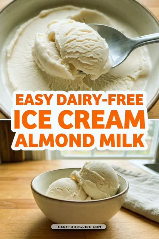 Creamy almond milk ice cream in a bowl, garnished with berries and mint, on a rustic table.