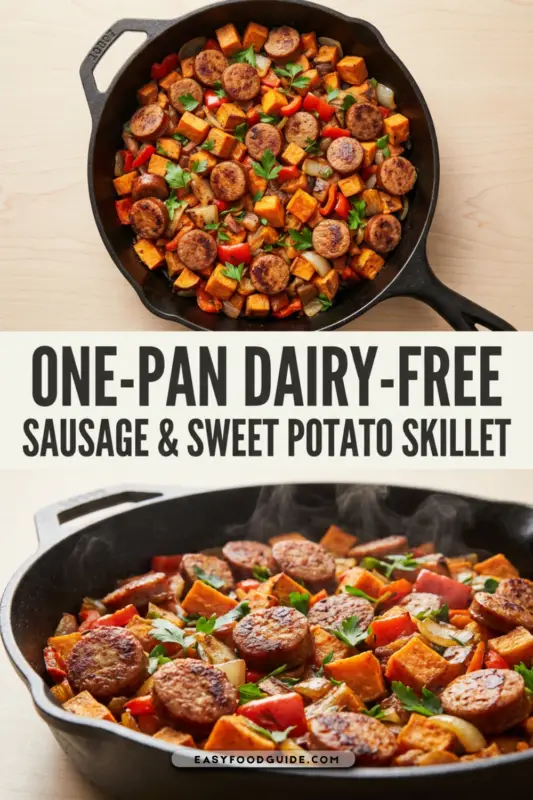 One-Pan Dairy-Free Sausage & Sweet Potato Skillet with chicken sausage, sweet potatoes, bell peppers, and onions, garnished with parsley.