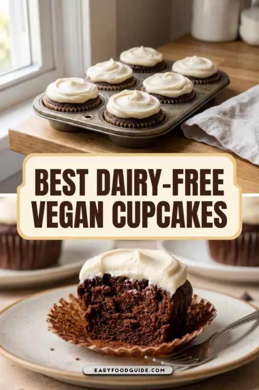 A selection of dairy-free vegan cupcakes with colorful frosting on a wooden table.