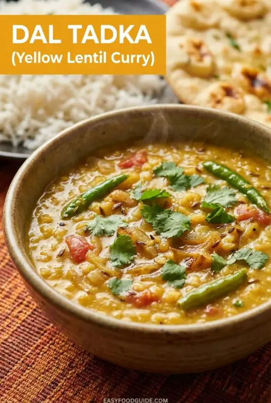 A bowl of Dal Tadka with yellow lentils, garnished with cilantro, served with rice and naan.