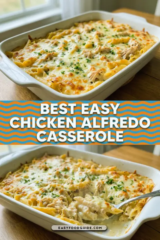A baked Chicken Alfredo Casserole with cheese, pasta, and chicken, garnished with parsley, in a rustic dish.