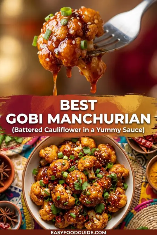 gobi-manchurian-1 Crispy Gobi Manchurian with golden cauliflower florets in spicy sauce, garnished with spring onions, served with fried rice.