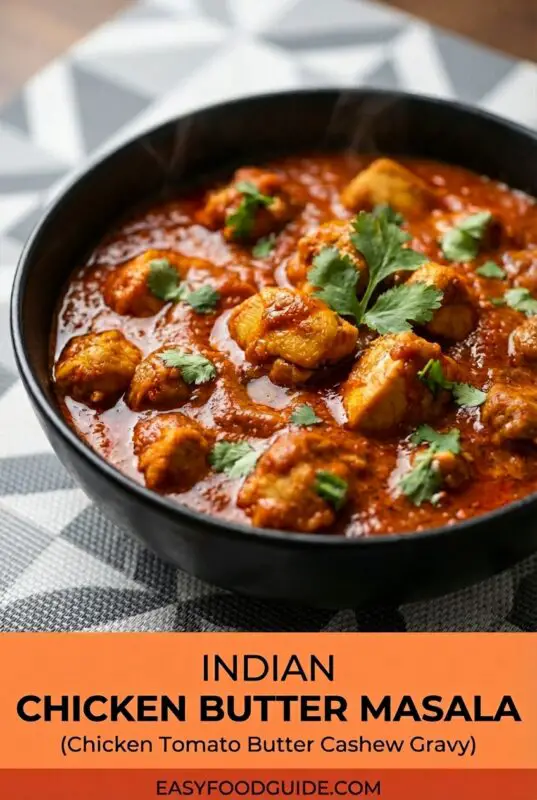 indian-chicken-butter-masala-1 A bowl of Indian Chicken Butter Masala with naan and basmati rice, garnished with cilantro.