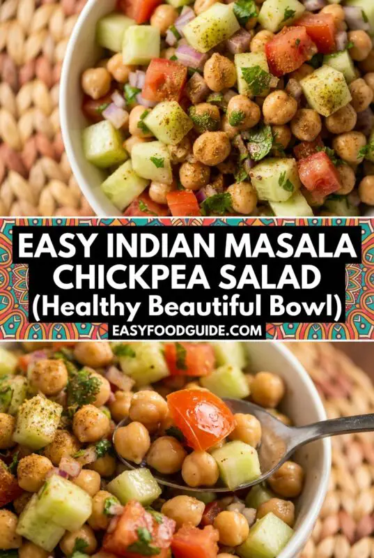 A colorful bowl of Indian Masala Chickpea Salad with cucumbers, tomatoes, red onions, and chickpeas, garnished with cilantro.