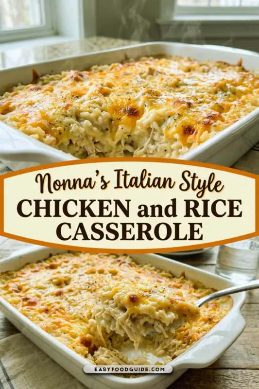 Creamy chicken and rice casserole with cheddar cheese, served in a rustic dish, garnished with parsley.