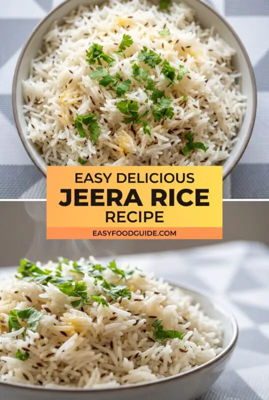 Fluffy Jeera Rice with cumin seeds and cilantro, served with curry and naan.