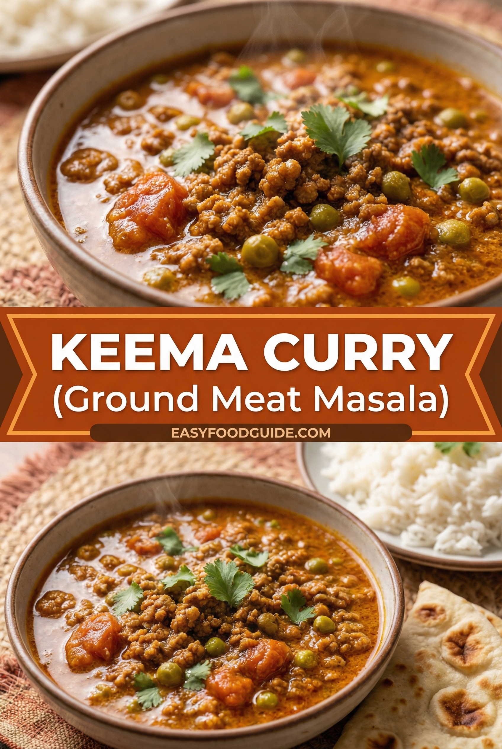 A bowl of Keema Curry with ground beef, tomatoes, and coconut milk, garnished with cilantro, served with naan and rice.
