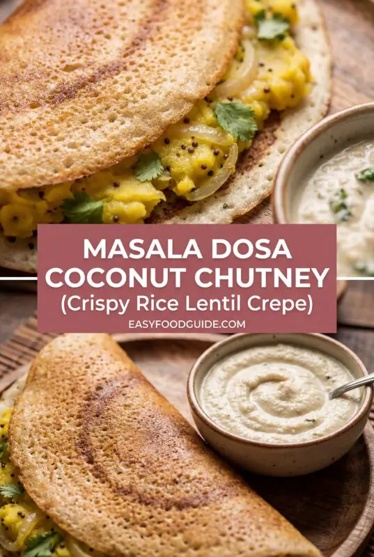 Crispy masala dosa with spiced potato filling and coconut chutney on a plate.