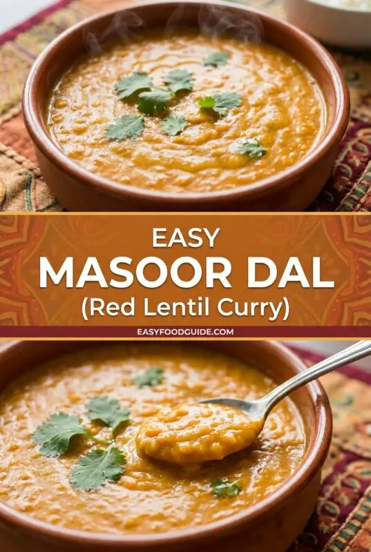A bowl of creamy Masoor Dal with cilantro, served with basmati rice and naan on a rustic table.