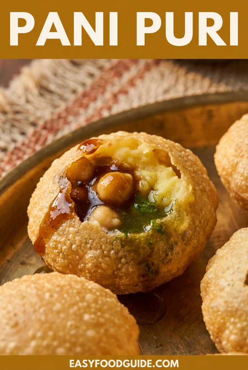 A plate of crispy Pani Puri filled with spiced potatoes and chickpeas, served with tamarind water and chutney.