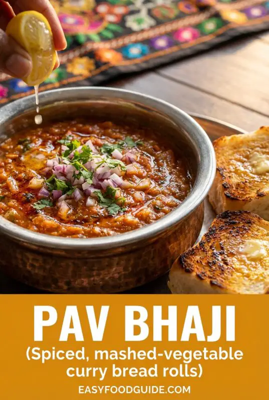 A colorful serving of Pav Bhaji with buttered bread rolls, garnished with onions and cilantro.
