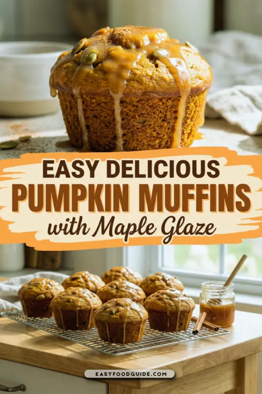 Pumpkin muffins with maple glaze on a plate, decorated with walnuts and autumn leaves.