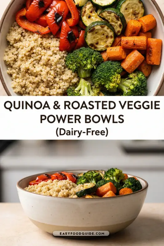 A colorful quinoa bowl with roasted vegetables, garnished with herbs on a wooden table.