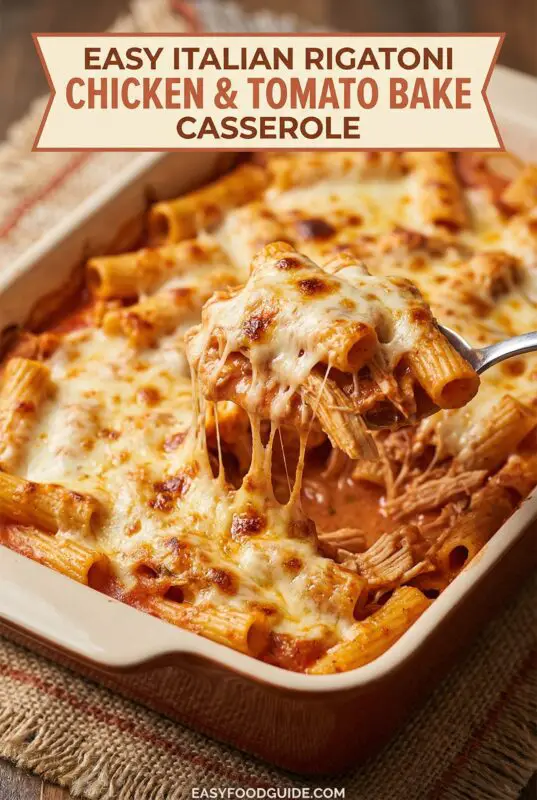 A cheesy rigatoni chicken casserole with tomato sauce and basil, served in a baking dish on a wooden table.