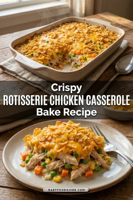 Crispy rotisserie chicken casserole topped with cornflakes, served in a rustic dish with parsley garnish.