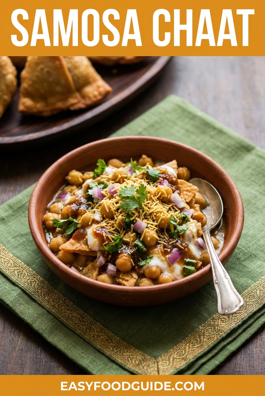 A colorful serving of Samosa Chaat with smashed samosas, chickpea curry, yogurt, chutney, and garnished with onions and sev.