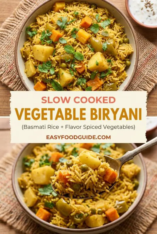 A bowl of Vegetable Biryani with basmati rice, carrots, peas, and bell peppers, garnished with cilantro and mint, alongside a bowl of raita.